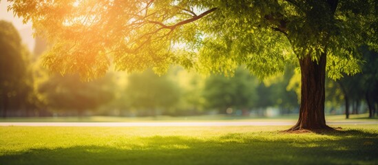 blur green tree abstract in garden or park summer with orange sun light background. Creative banner. Copyspace image