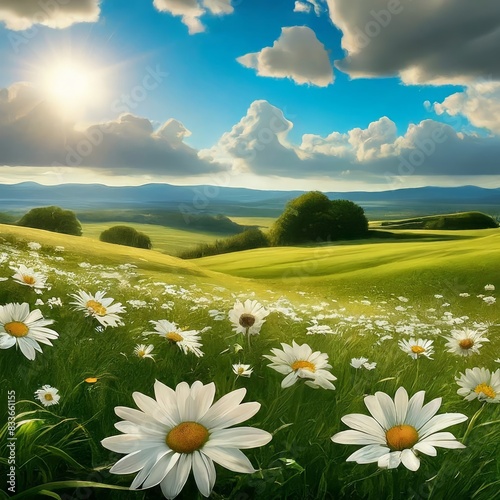 Beautiful spring and summer natural panoramic pastoral landscape with blooming fields of daisies in the grass in the hilly countryside