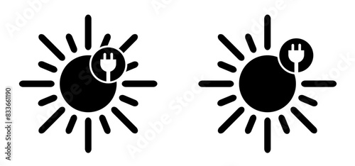 electrical plug and sun logo. Milieu, solar panels, plug and play. Environmentally friendly, sun energy. Solar panel that generate electricity. Solar, battery panel concept. Home or house concept.