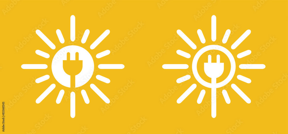 Fototapeta premium electrical plug and sun logo. Milieu, solar panels, plug and play. Environmentally friendly, sun energy. Solar panel that generate electricity. Solar, battery panel concept. Home or house concept.