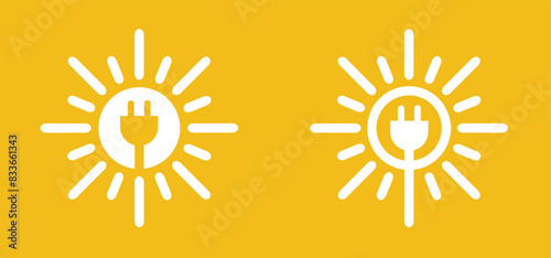 electrical plug and sun logo. Milieu, solar panels, plug and play. Environmentally friendly, sun energy. Solar panel that generate electricity. Solar, battery panel concept. Home or house concept.