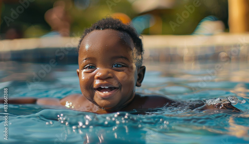 Young Child Smiles While Swimming in Pool © Daniel