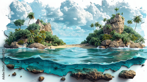 Paradise island, graphic illustration of mystery tropical desert island with coconut trees is settled in nowhere and middle of ocean. Unknown island surrounded by blue sea and cloudy sky.