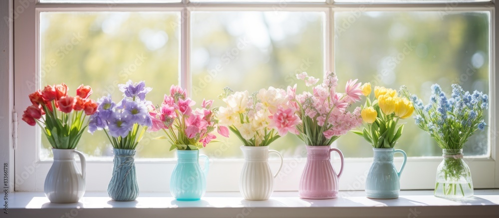 Bouquets of spring fresh flowers standing in a vase on the table and windowsill in the interior a gift for the World Women s Day. Creative banner. Copyspace image Bouquets of spring fresh flowers standing in a vase on the table and windowsill in the interior a gift for the World Women s Day. Creative banner. Copyspace image