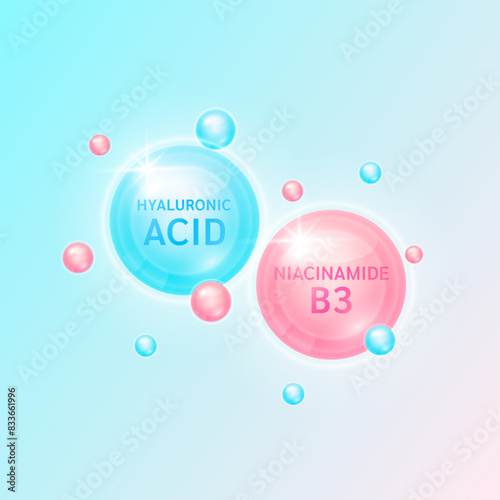 Hyaluronic acid serum blue and Niacinamide or vitamin B3 pink. Helps keep skin moisturized and youthful. For cosmetic advertising medical beauty. Vector EPS10.