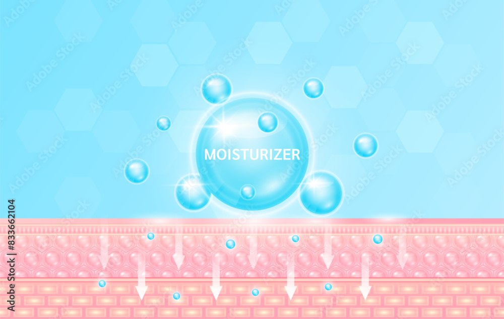 Moisturizer serum blue drop absorbed into the skin cell layer getting younger. For cosmetic advertising. Medical beauty. Vector EPS10.