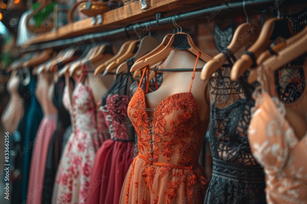Rows of vibrant dresses on wooden hangers in a boutique setting with selective focus