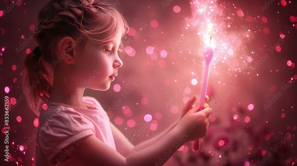 A young girl holding a pink magic wand that casts a soft pink glow, against a dark rose background with glittering pink fairy dust. A young girl holding a pink magic wand that casts a soft pink glow, against a dark rose background with glittering pink fairy dust.