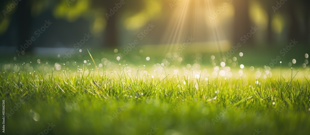 Morning dew on the green succulent grass and the sun illuminates its warm rays. Creative banner. Copyspace image