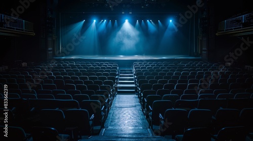 The theater is empty and dark. The stage is lit up and ready for the show.