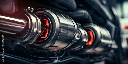 Detailed closeup shots of car exhaust systems highlighting mechanical complexity. Concept Car Exhaust Systems, Detailed Closeups, Mechanical Complexity, Automotive Photography, Engineering Aesthetics photo