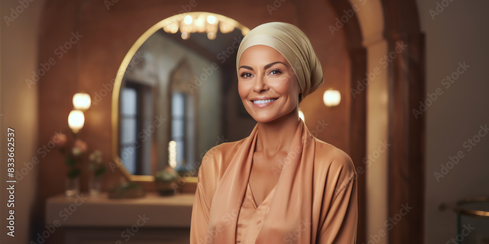 A Middle Eastern woman in a headscarf, with smooth skin, pleased with her appearance in the mirror after beauty treatments at a luxury spa A Middle Eastern woman in a headscarf, with smooth skin, pleased with her appearance in the mirror after beauty treatments at a luxury spa