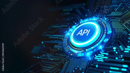 An abstract futuristic background with a blue glowing text API