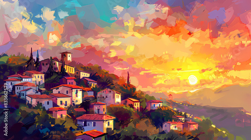 Digital painting of a sunset over the hillside village in the countryside