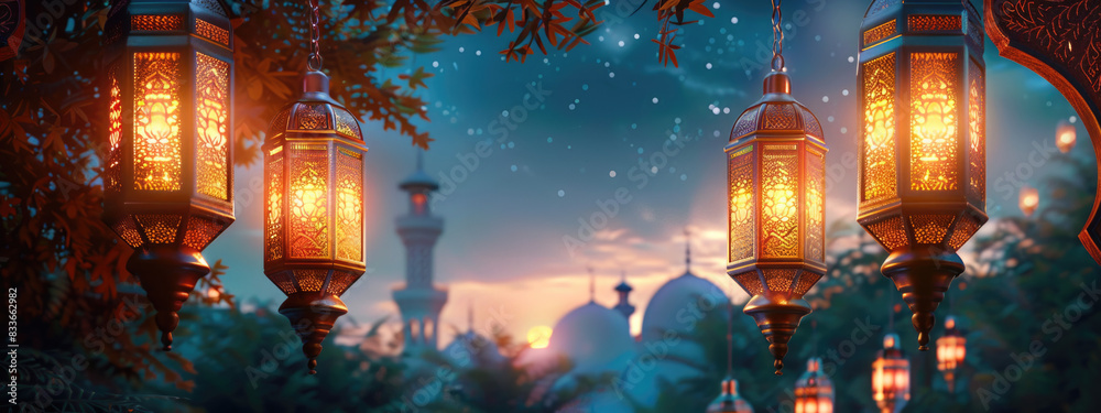 Muslims holiday background holding lantern or lamp glowing copy space for text in front of mosque