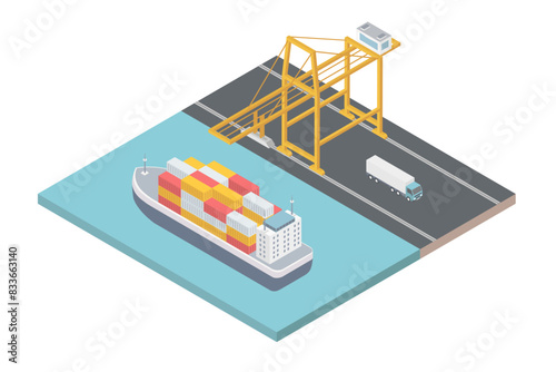 Isometric port terminal plan include cargo ship with containers, cranes. Tanker logistic concept.