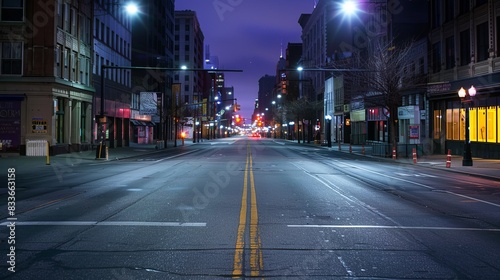 The photo shows an empty urban street at night. The street is lit by streetlights. There are no cars or people on the street.