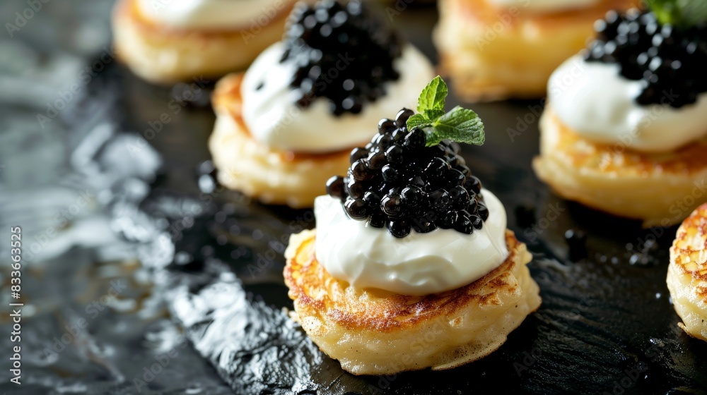 Luxurious Black Caviar and Mini Pancakes Appetizer Luxurious Black Caviar and Mini Pancakes Appetizer
