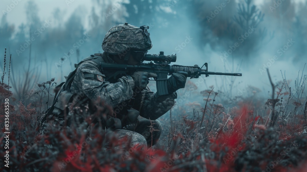 Soldier fighting during war with bomb smoking winter season Soldier fighting during war with bomb smoking winter season