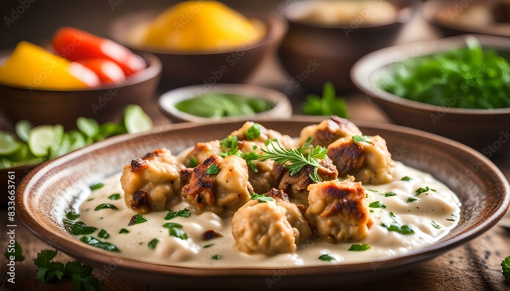 shish barak - a traditional arabic dish, made of tiny meat dumplings cooked in a plain yogurt stew
