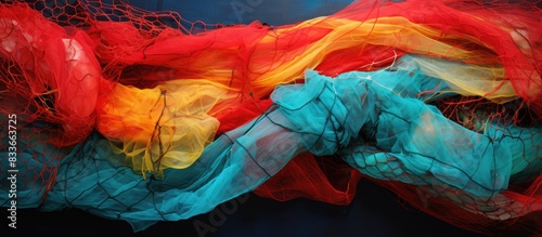 Dazzling colors in captivity of fishing nets. Creative banner. Copyspace image