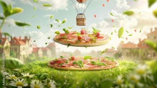 a life size plate of food being lifted by a hot air balloon. White limbo background