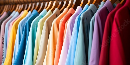 Closeup of colorful shirts on wooden hangers in a closet for fashion articles. Concept Fashion, Colorful Shirts, Closeup, Wooden Hangers, Closet