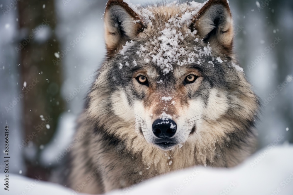 Close-up of a serene wolf with snowflakes on its fur, amidst a winter wonderland