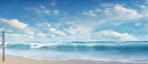 Sea waves roll on the seashore of a sandy beach. Creative banner. Copyspace image