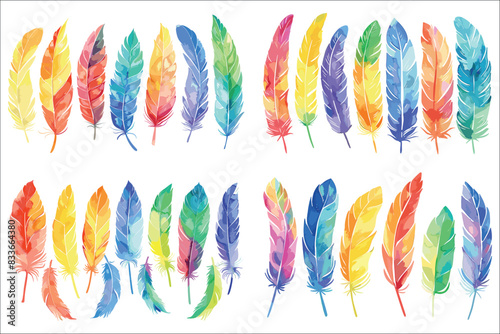 Rainbow feathers collection, Set of colorful feathers, Colorful rainbow feathers set, Watercolor feathers set, Watercolor colorful rainbow feather set, Vector illustration
