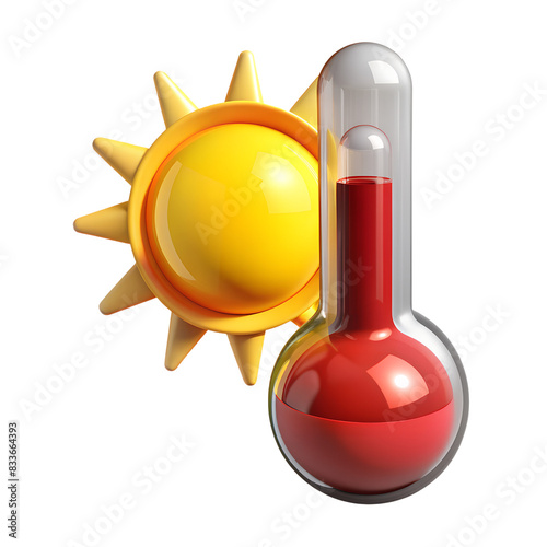 Glass street thermometer with red liquid inside, bright yellow sun with long rays next to it, plastic 3D style