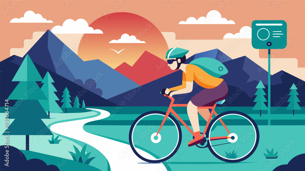 Fototapeta premium A VR cycling app that takes users on a virtual ride through scenic landscapes while helping to alleviate chronic knee pain.. Vector illustration