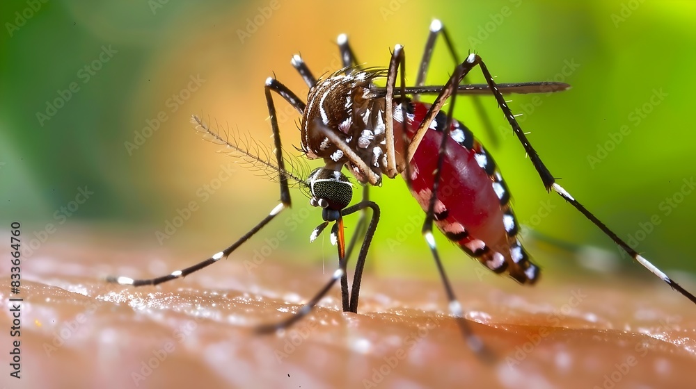 Fototapeta premium Detailed Macro View of a Mosquito Insect Feeding on Skin