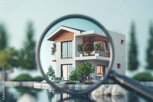 Visualize a 3D scene with a magnifying glass enlarging a model home photo