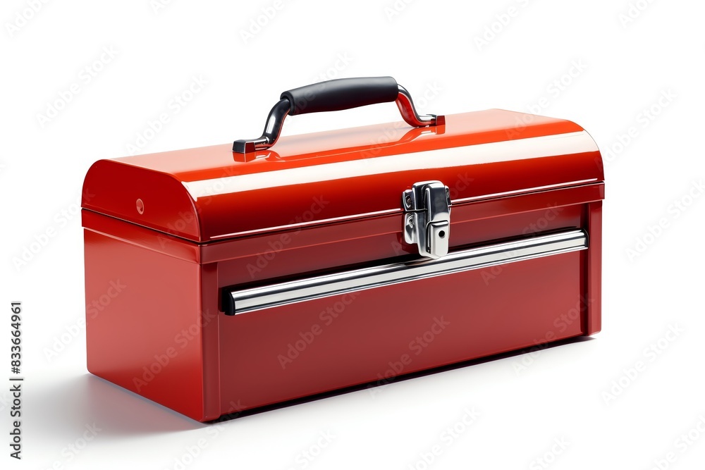 Red metal toolbox with handle and latch. Perfect for organizing tools and hardware. Durable and practical storage solution. Red metal toolbox with handle and latch. Perfect for organizing tools and hardware. Durable and practical storage solution.