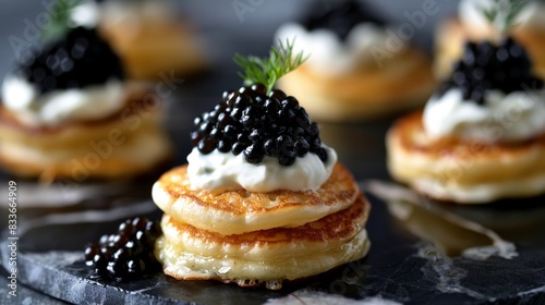 Luxurious Black Caviar and Mini Pancakes Appetizer 