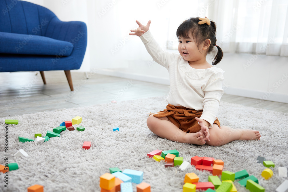 child girl playing with colorful toy blocks on the carpet floor child girl playing with colorful toy blocks on the carpet floor