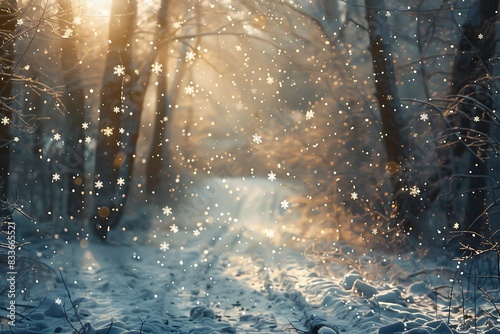 Snowflakes gently falling on a winter forest, casting a magical spell on the landscape.