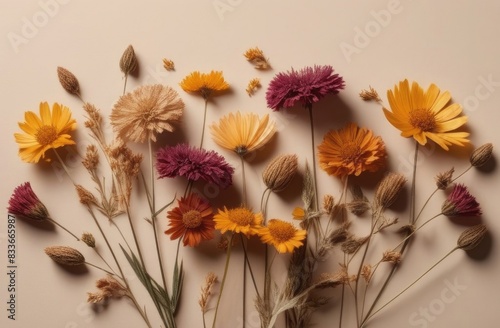 Dried flowers on a beige background. Herbarium