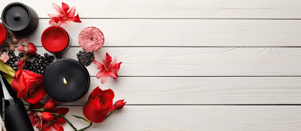 Top view of a stylish black collection of cosmetics and bath accessories accentuated with a red sprig presented on a soft light white wooden board with ample copy space for customization Top view of a stylish black collection of cosmetics and bath accessories accentuated with a red sprig presented on a soft light white wooden board with ample copy space for customization