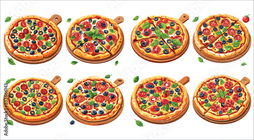 Set of delicious pizzas, Delicious vegetarian pizza, Hot pizza , Italian pizza pepperoni, Italian pizza,  Italian pizza on white background, Pizza mozzarella, Cheese, Chicken, Tomatoes, Vegetables