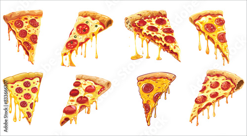 Tasty slice of pepperoni pizza, Slice of pepperoni pizza, Pizza slice with dripping cheese, Pizza slice with melted cheese and pepperoni, Slice of Italian pepperoni pizza on white background 