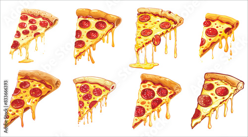 Tasty slice of pepperoni pizza, Slice of pepperoni pizza, Pizza slice with dripping cheese, Pizza slice with melted cheese and pepperoni, Slice of Italian pepperoni pizza on white background 