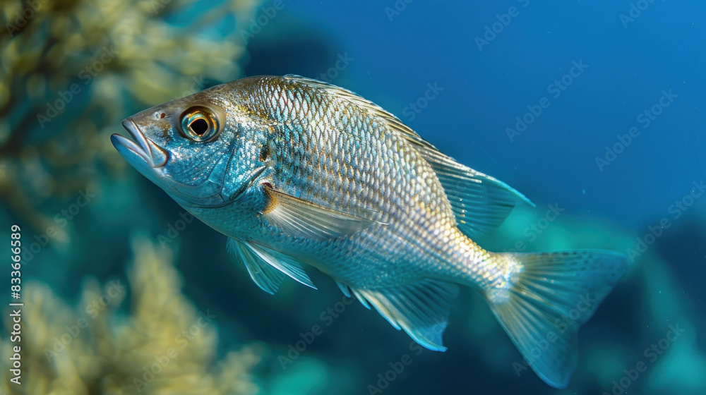 Fototapeta premium Crystal-clear underwater shot of a sea bream swimming gracefully through vibrant blue waters, capturing its detailed scales and natural environment.