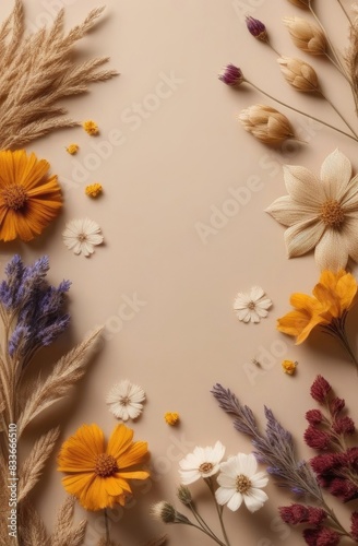 Dried flowers on a beige background. Herbarium
