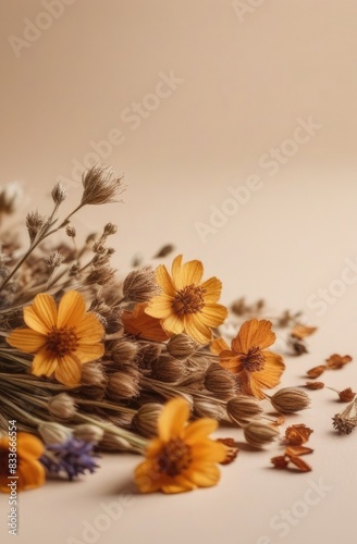Dried flowers on a beige background. Herbarium