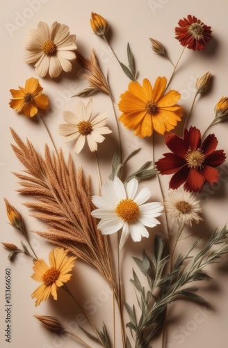 Dried flowers on a beige background. Herbarium