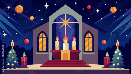 The candlelight casts a soft glow on the beautiful holiday decorations around the church bringing a sense of warmth and joy to the entire space.. Vector illustration