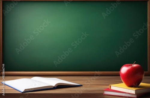Back to school background with books and apple over blackboard.
