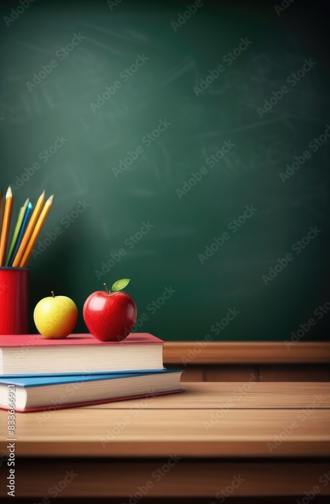 Back to school background with books and apple over blackboard.